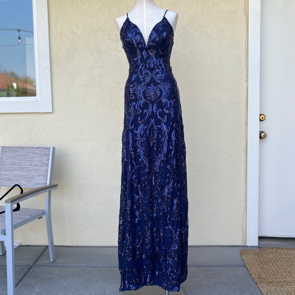 Windsor Navy Sequin Gown with Slits - Picture 3 of 13